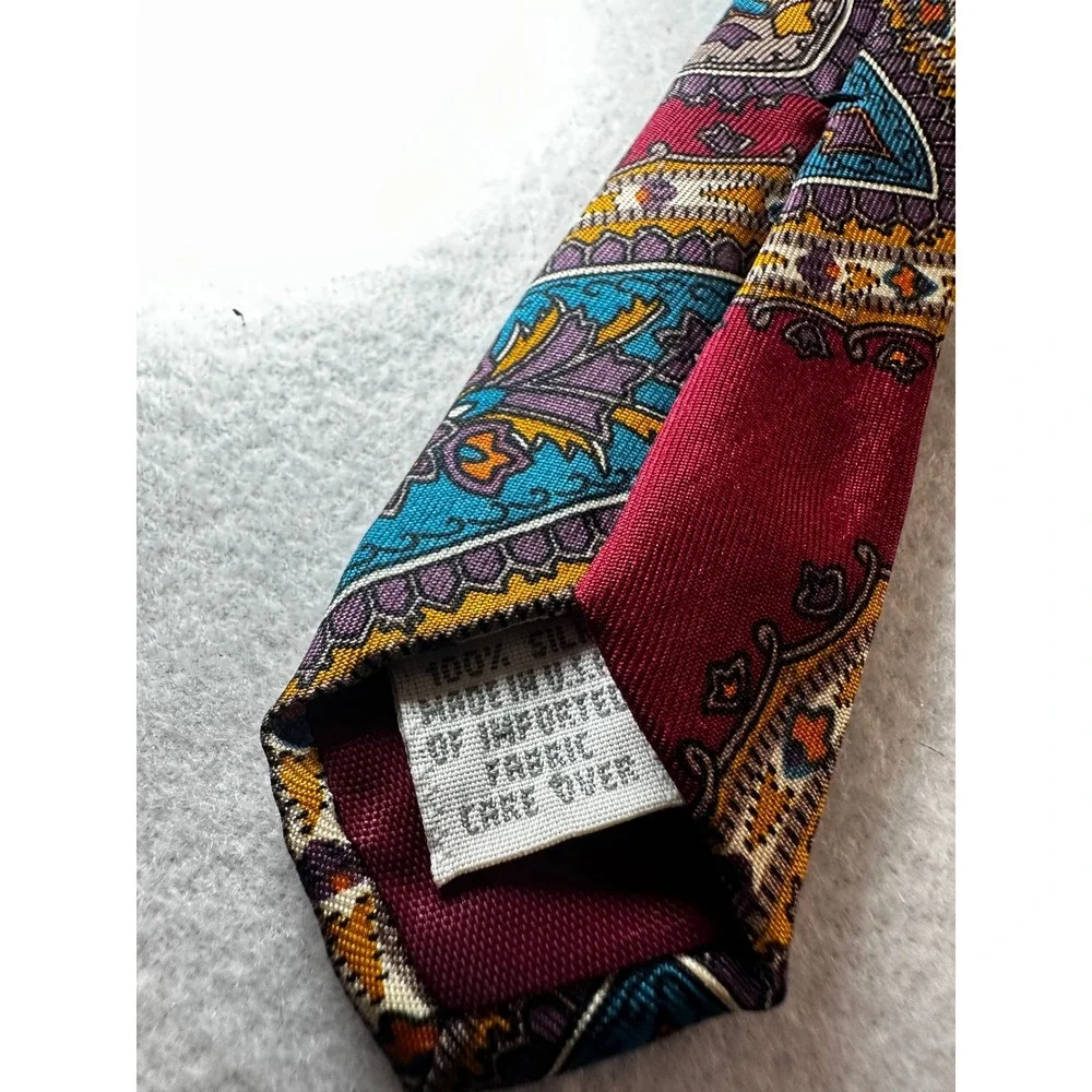 Claiborne Mens Silk Necktie Burgundy Teal Gold Paisley Wide Classic Tie USA Made